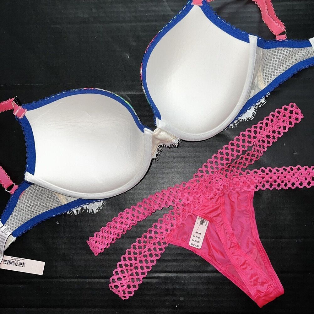 Victoria's Secret 32DDD,34DD,34DDD BRA SET M thong Patchwork BLUE PINK WHITE - Picture 3 of 3